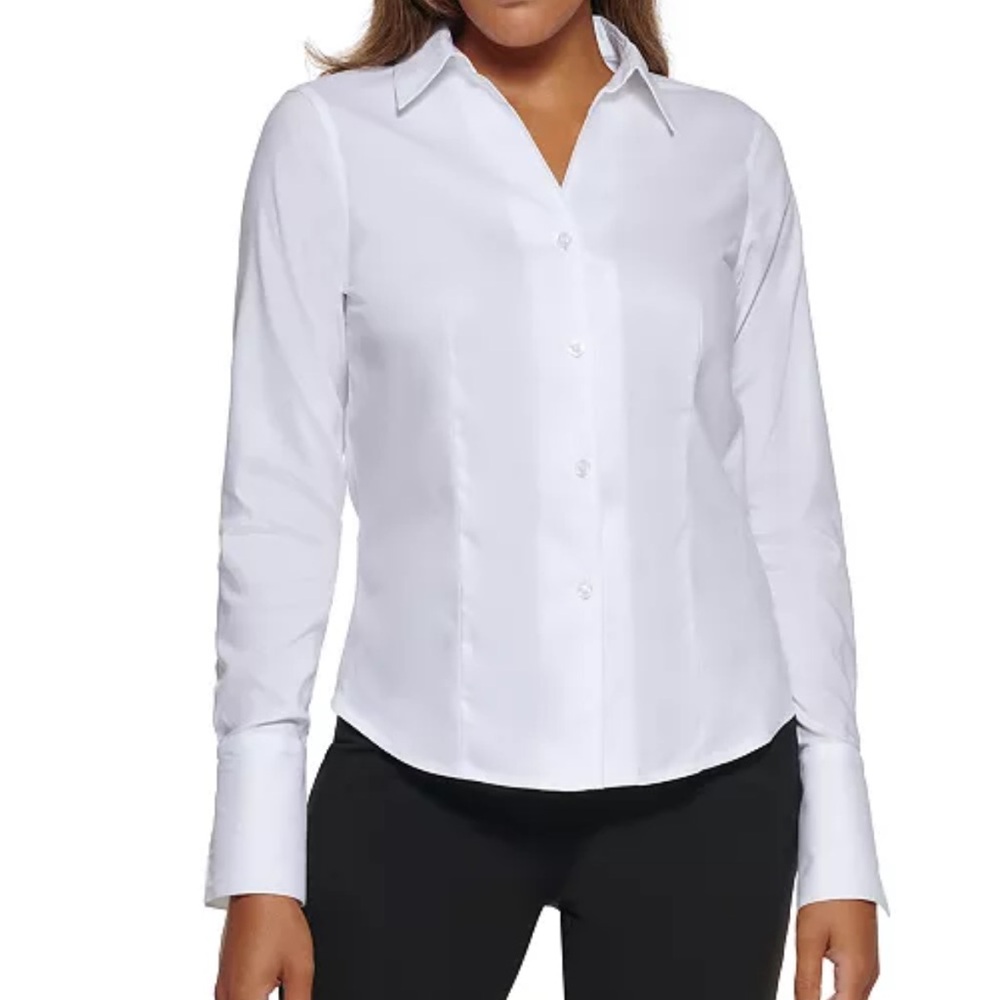 NWOT CALVIN KLEIN White Petite Cotton Collared Button-Down Blouse